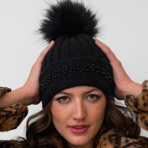 NWT New Adrienne Landau Pearl Trim Pom-Pom Knit Wool Blend Beanie Hat Black OS - Picture 1 of 11